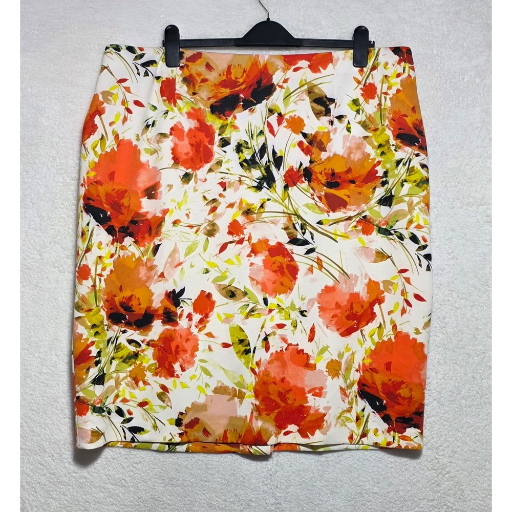 Kasper Women's Plus 20W Floral Pencil Skirt Orange White Watercolor Knee Length